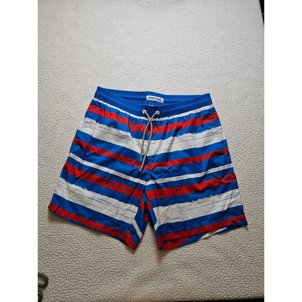 Maamgic Mens Striped Swim Trunks Blue Red White Distressed Print Size M 5 Inseam